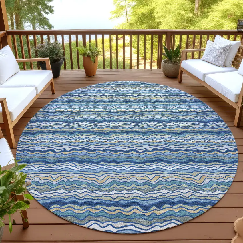 8' Navy Blue And Denim Blue Round Striped Washable Indoor Outdoor Area Rug Photo 4