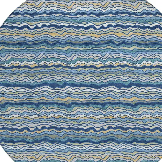 8' Navy Blue And Denim Blue Round Striped Washable Indoor Outdoor Area Rug Photo 2
