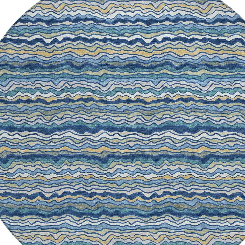 8' Navy Blue And Denim Blue Round Striped Washable Indoor Outdoor Area Rug Photo 2