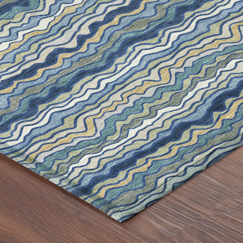 8' Navy Blue And Denim Blue Round Striped Washable Indoor Outdoor Area Rug Photo 6