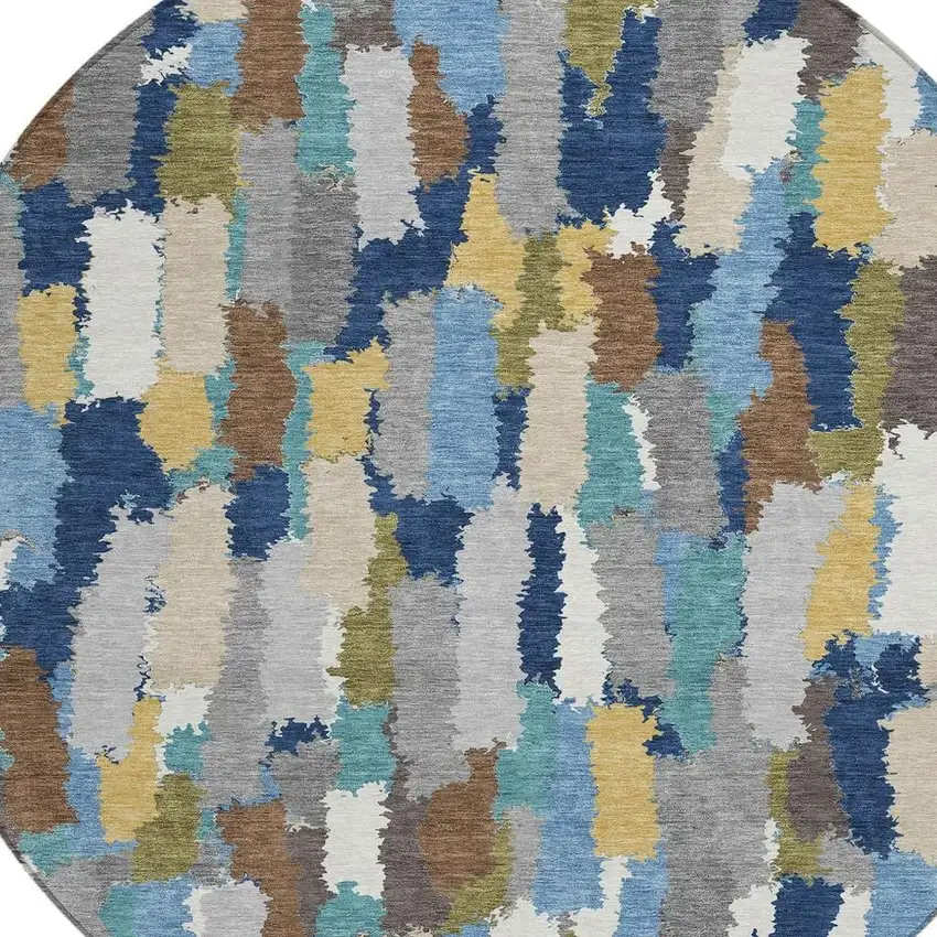 8' Navy Blue And Denim Blue Round Striped Washable Indoor Outdoor Area Rug Photo 2