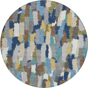 Photo of 8' Navy Blue And Denim Blue Round Striped Washable Indoor Outdoor Area Rug