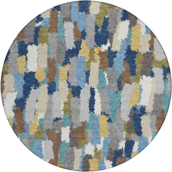 8' Navy Blue And Denim Blue Round Striped Washable Indoor Outdoor Area Rug Photo 1