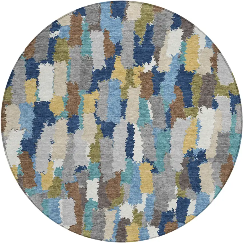 8' Navy Blue And Denim Blue Round Striped Washable Indoor Outdoor Area Rug Photo 1