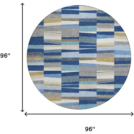 8' Navy Blue And Denim Blue Round Striped Washable Indoor Outdoor Area Rug Photo 6