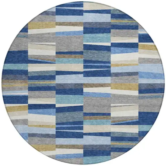 8' Navy Blue And Denim Blue Round Striped Washable Indoor Outdoor Area Rug Photo 3