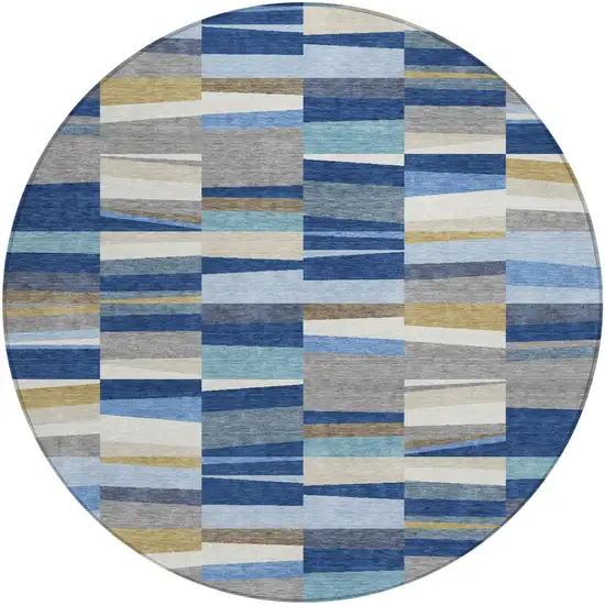 8' Navy Blue And Denim Blue Round Striped Washable Indoor Outdoor Area Rug Photo 1