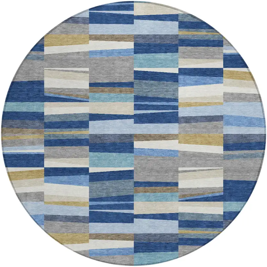 8' Navy Blue And Denim Blue Round Striped Washable Indoor Outdoor Area Rug Photo 1