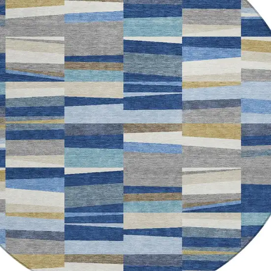 8' Navy Blue And Denim Blue Round Striped Washable Indoor Outdoor Area Rug Photo 2