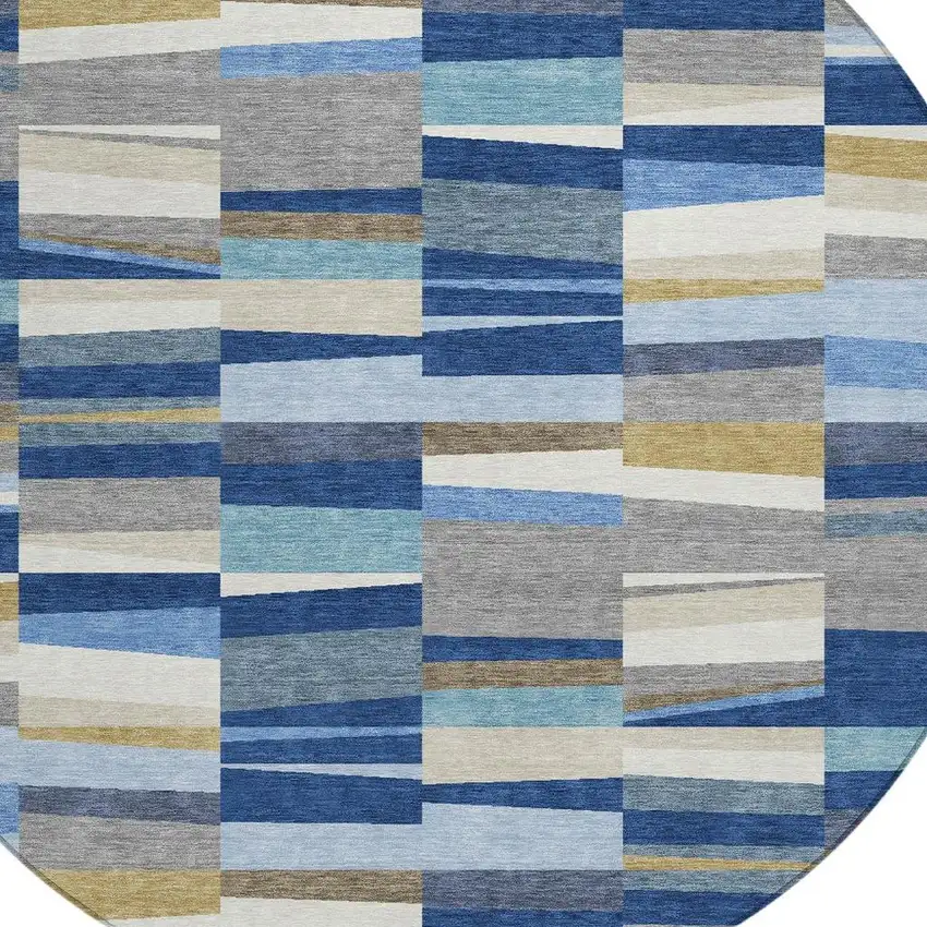 8' Navy Blue And Denim Blue Round Striped Washable Indoor Outdoor Area Rug Photo 2