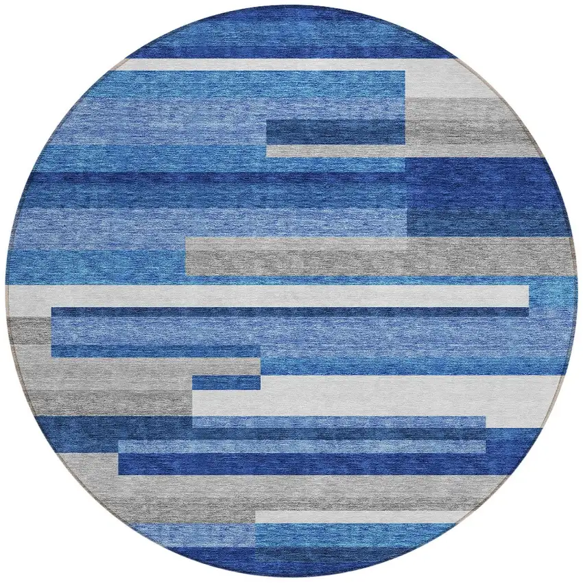 8' Navy Blue And Denim Blue Round Striped Washable Indoor Outdoor Area Rug Photo 4