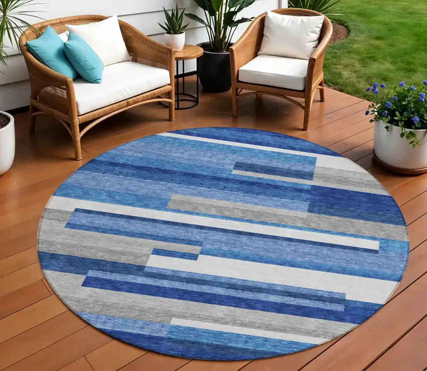 8' Navy Blue And Denim Blue Round Striped Washable Indoor Outdoor Area Rug Photo 1