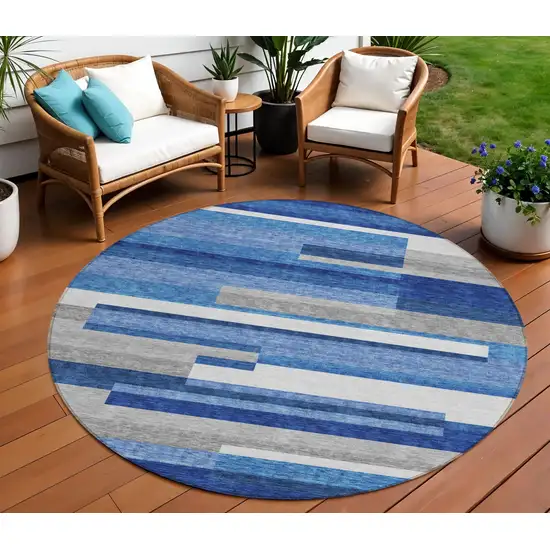 8' Navy Blue And Denim Blue Round Striped Washable Indoor Outdoor Area Rug Photo 1