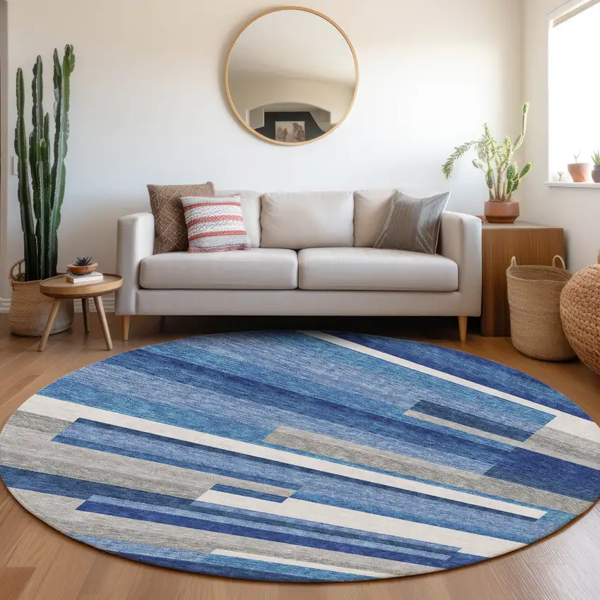 8' Navy Blue And Denim Blue Round Striped Washable Indoor Outdoor Area Rug Photo 7