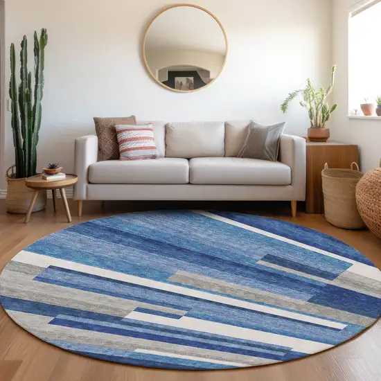 8' Navy Blue And Denim Blue Round Striped Washable Indoor Outdoor Area Rug Photo 7