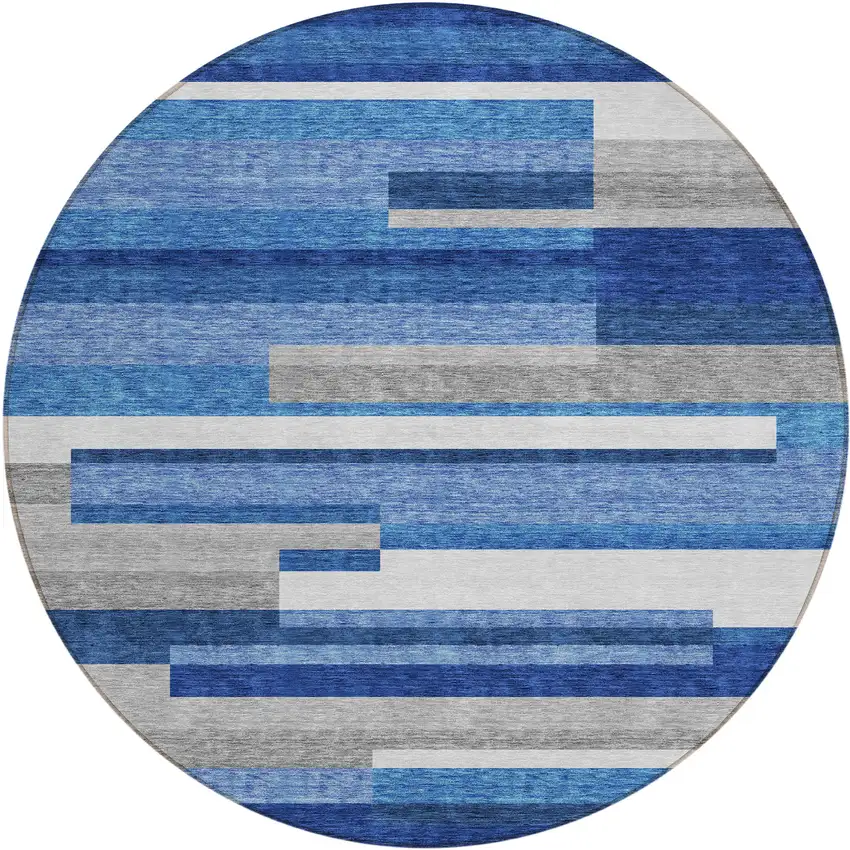 8' Navy Blue And Denim Blue Round Striped Washable Indoor Outdoor Area Rug Photo 1