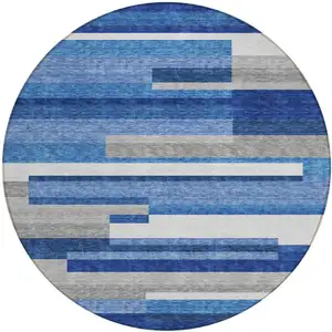 Photo of 8' Navy Blue And Denim Blue Round Striped Washable Indoor Outdoor Area Rug