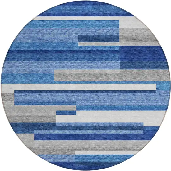 8' Navy Blue And Denim Blue Round Striped Washable Indoor Outdoor Area Rug Photo 1