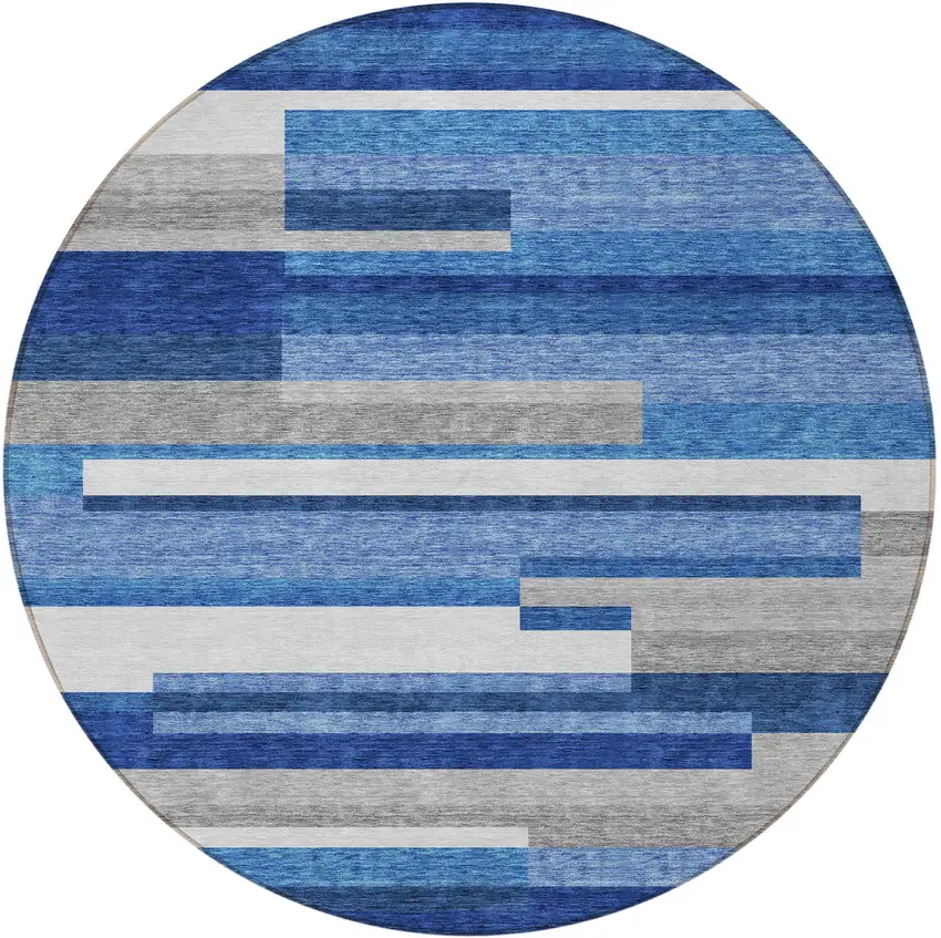 8' Navy Blue And Denim Blue Round Striped Washable Indoor Outdoor Area Rug Photo 5