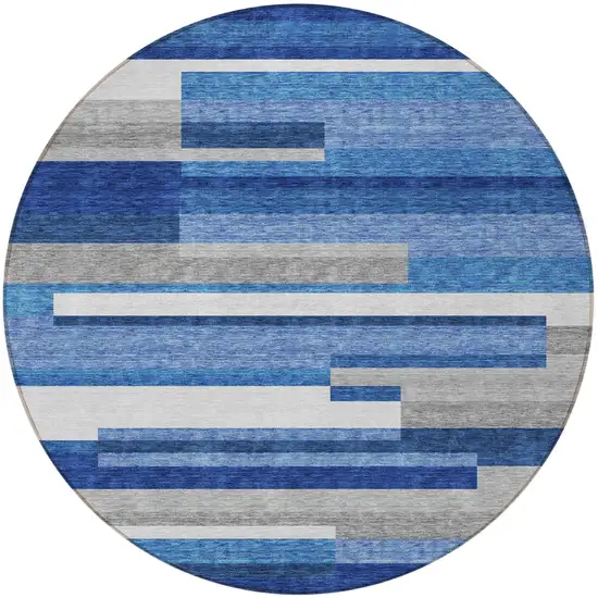 8' Navy Blue And Denim Blue Round Striped Washable Indoor Outdoor Area Rug Photo 5