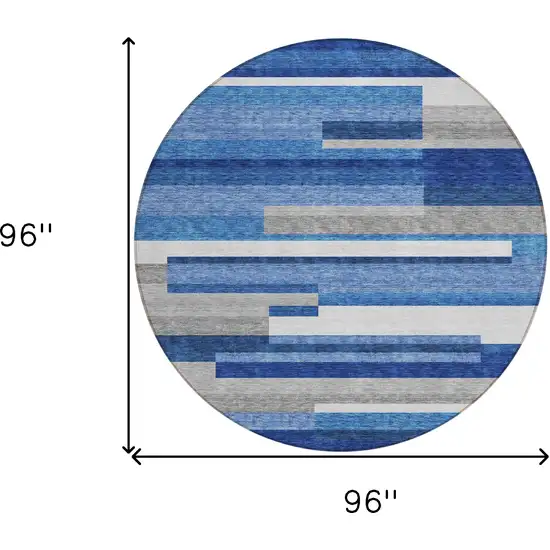 8' Navy Blue And Denim Blue Round Striped Washable Indoor Outdoor Area Rug Photo 8
