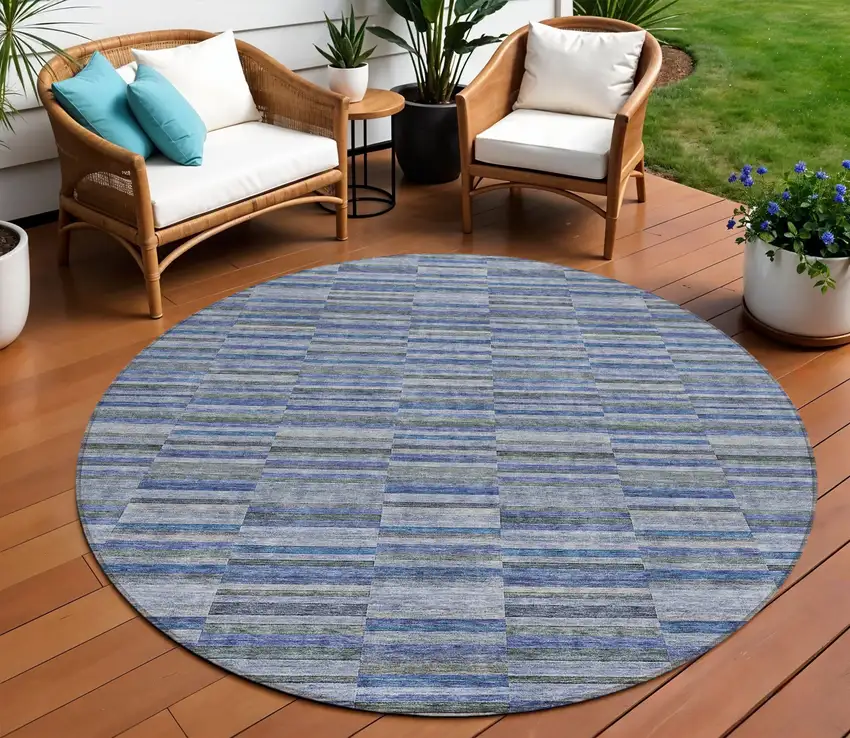 8' Navy Blue And Denim Blue Round Striped Washable Indoor Outdoor Area Rug Photo 1