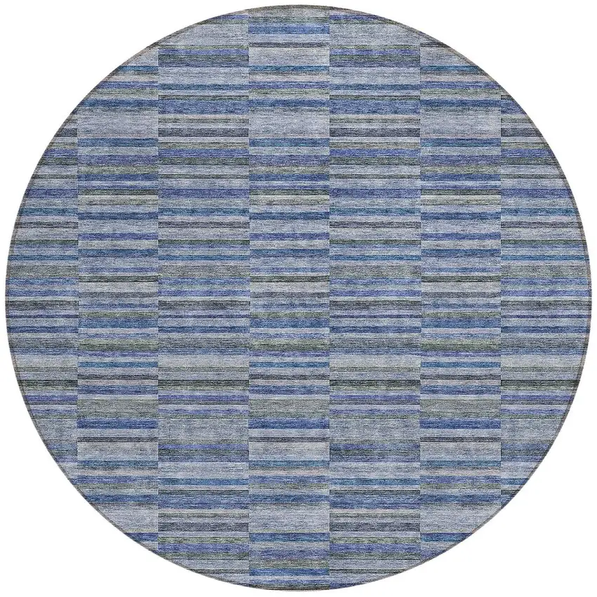 8' Navy Blue And Denim Blue Round Striped Washable Indoor Outdoor Area Rug Photo 5