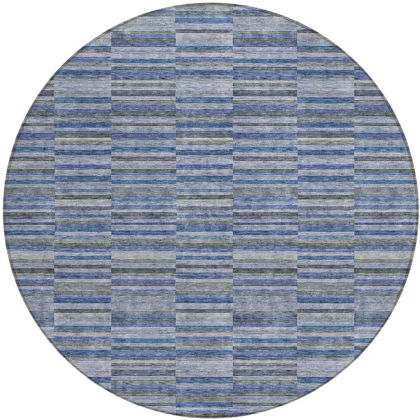 8' Navy Blue And Denim Blue Round Striped Washable Indoor Outdoor Area Rug Photo 2