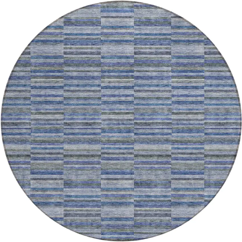 8' Navy Blue And Denim Blue Round Striped Washable Indoor Outdoor Area Rug Photo 2