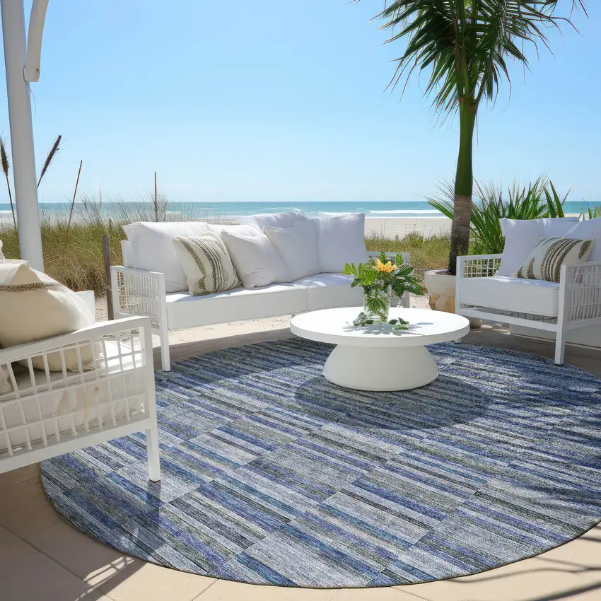 8' Navy Blue And Denim Blue Round Striped Washable Indoor Outdoor Area Rug Photo 6