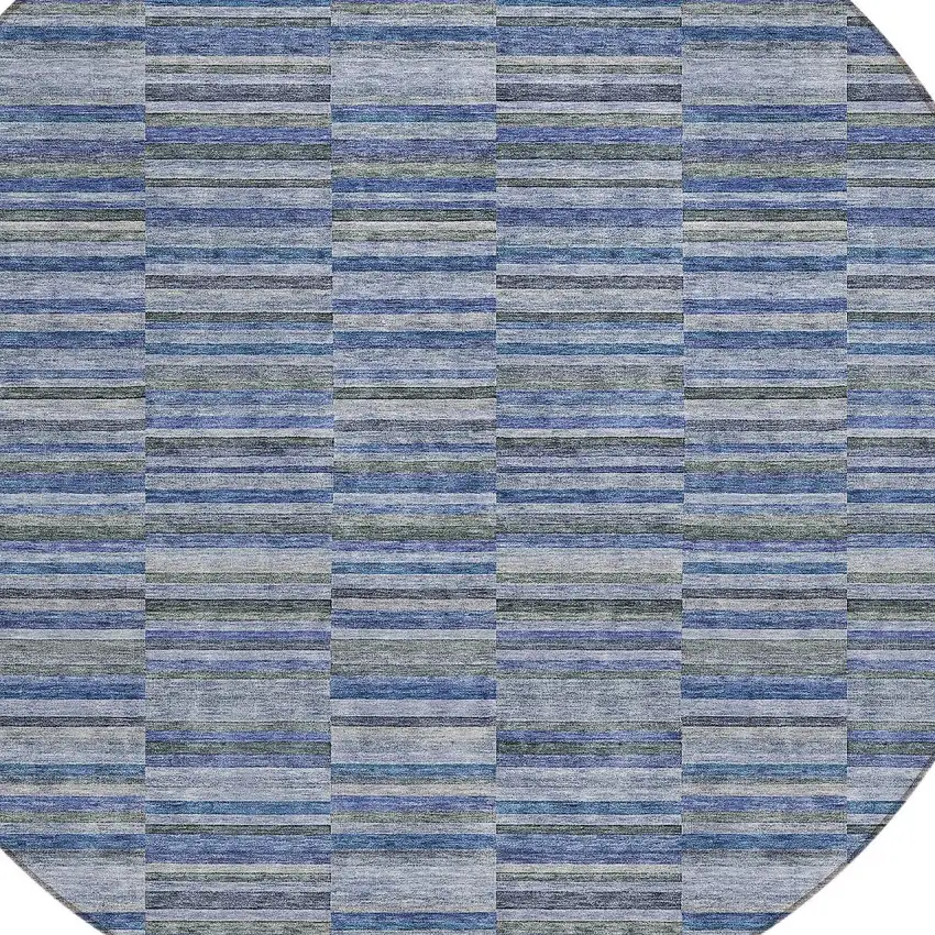 8' Navy Blue And Denim Blue Round Striped Washable Indoor Outdoor Area Rug Photo 4