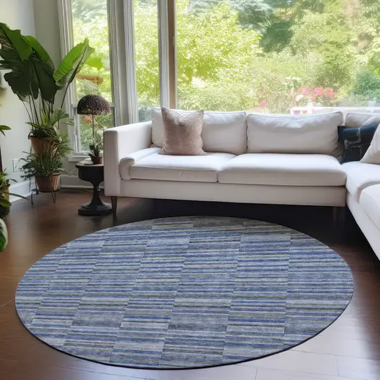 8' Navy Blue And Denim Blue Round Striped Washable Indoor Outdoor Area Rug Photo 7