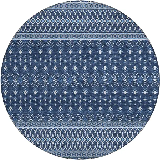8' Navy Blue And Denim Blue Round Tribal Washable Indoor Outdoor Area Rug Photo 1