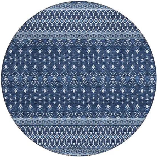 8' Navy Blue And Denim Blue Round Tribal Washable Indoor Outdoor Area Rug Photo 1