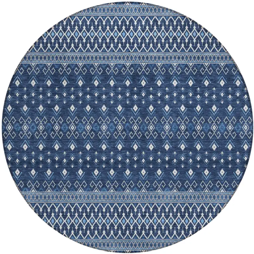 8' Navy Blue And Denim Blue Round Tribal Washable Indoor Outdoor Area Rug Photo 1