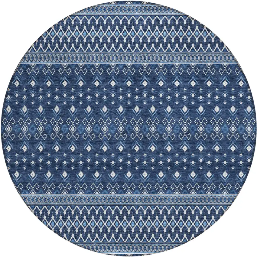 8' Navy Blue And Denim Blue Round Tribal Washable Indoor Outdoor Area Rug Photo 1