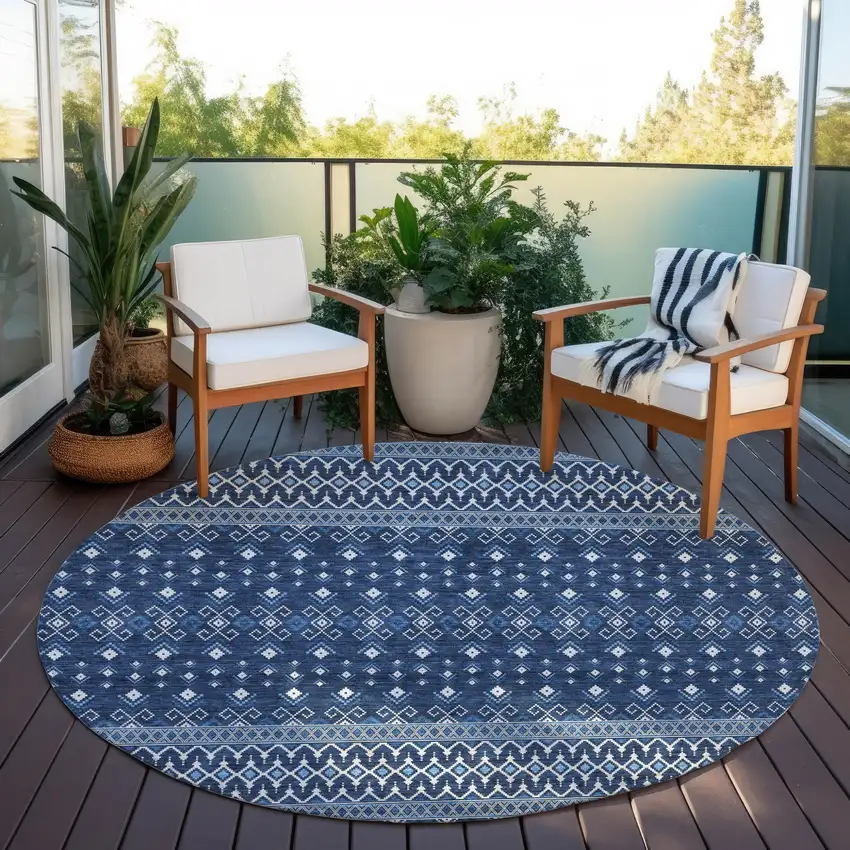8' Navy Blue And Denim Blue Round Tribal Washable Indoor Outdoor Area Rug Photo 6