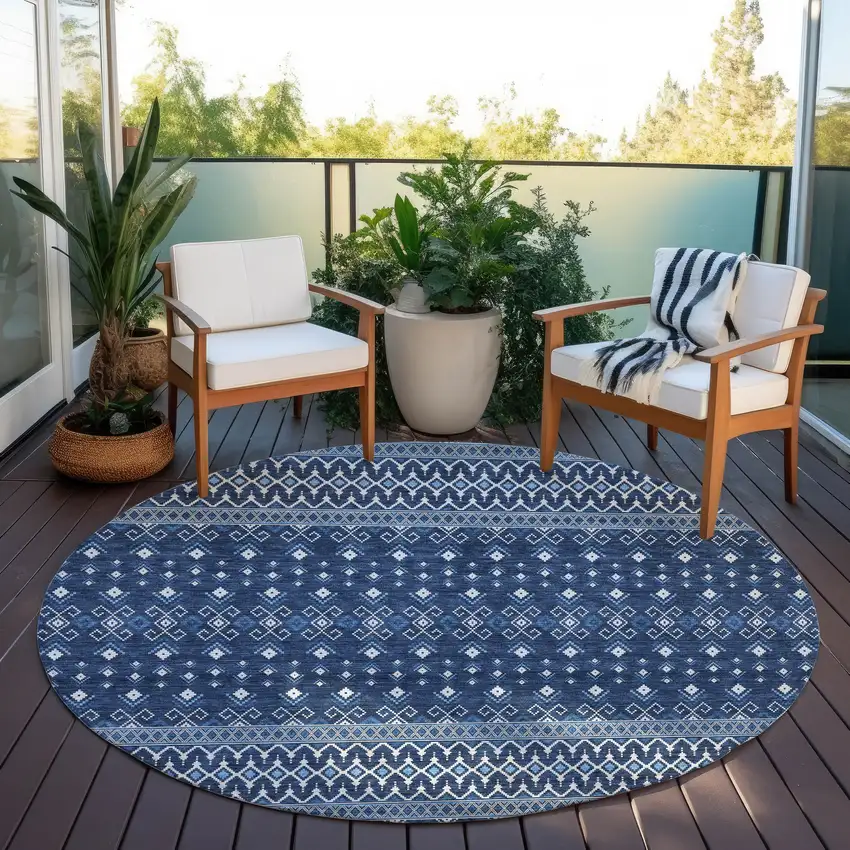 8' Navy Blue And Denim Blue Round Tribal Washable Indoor Outdoor Area Rug Photo 6
