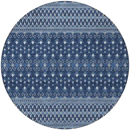 8' Navy Blue And Denim Blue Round Tribal Washable Indoor Outdoor Area Rug Photo 7