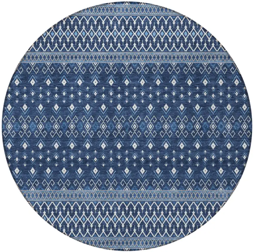 8' Navy Blue And Denim Blue Round Tribal Washable Indoor Outdoor Area Rug Photo 7