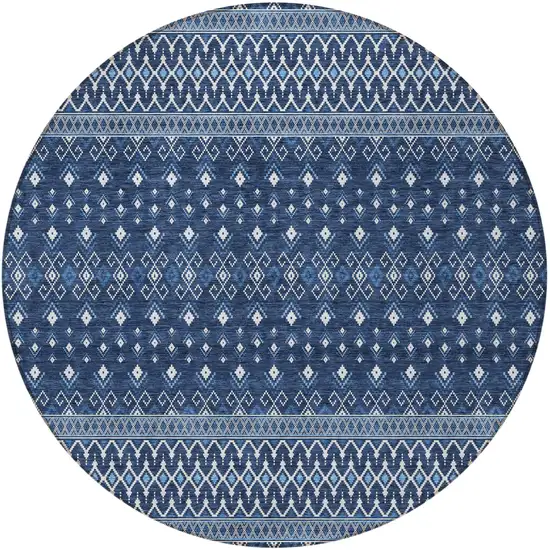 8' Navy Blue And Denim Blue Round Tribal Washable Indoor Outdoor Area Rug Photo 7