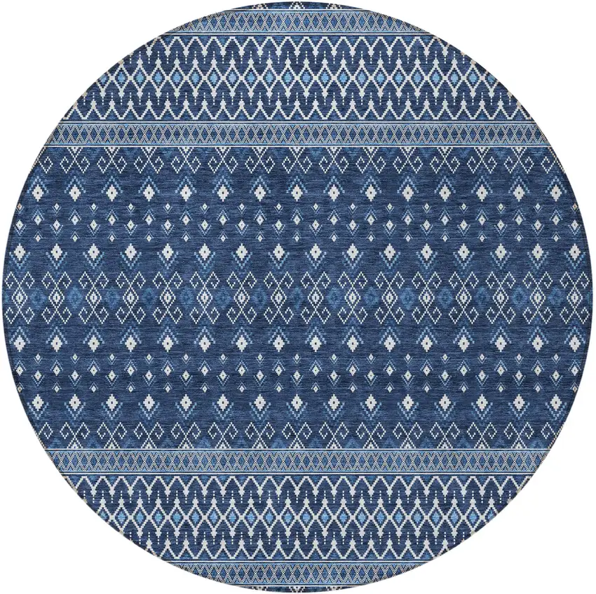 8' Navy Blue And Denim Blue Round Tribal Washable Indoor Outdoor Area Rug Photo 7