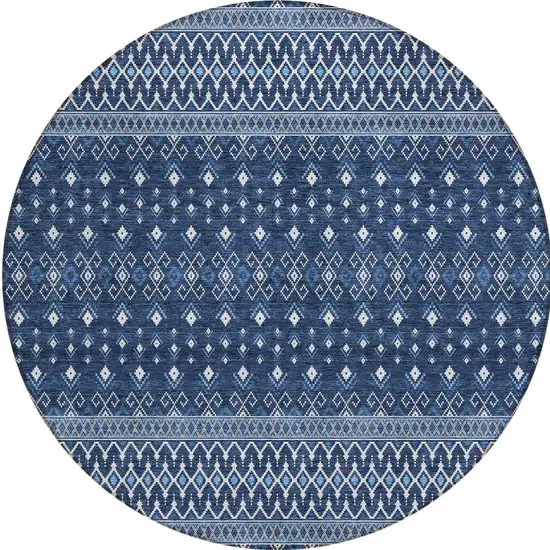 8' Navy Blue And Denim Blue Round Tribal Washable Indoor Outdoor Area Rug Photo 4