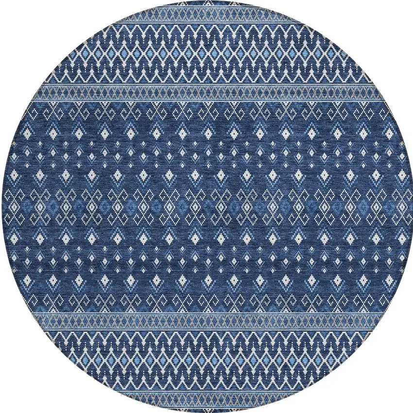 8' Navy Blue And Denim Blue Round Tribal Washable Indoor Outdoor Area Rug Photo 4