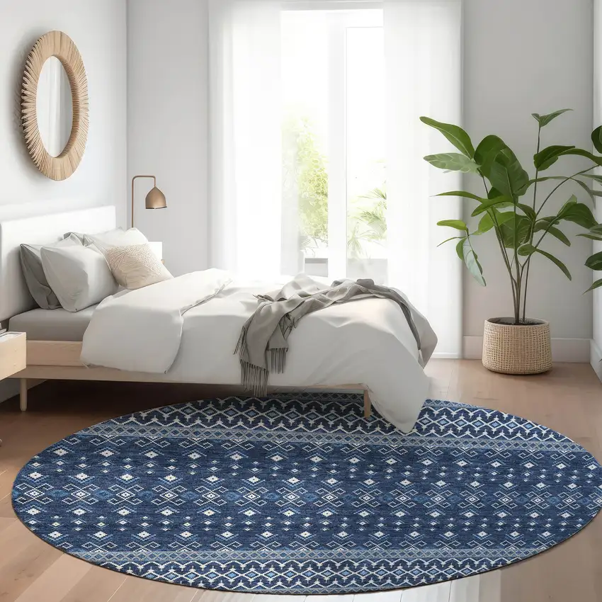 8' Navy Blue And Denim Blue Round Tribal Washable Indoor Outdoor Area Rug Photo 7