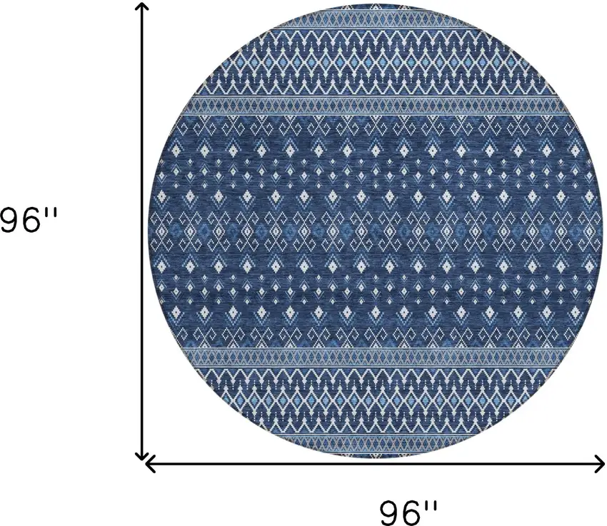 8' Navy Blue And Denim Blue Round Tribal Washable Indoor Outdoor Area Rug Photo 8