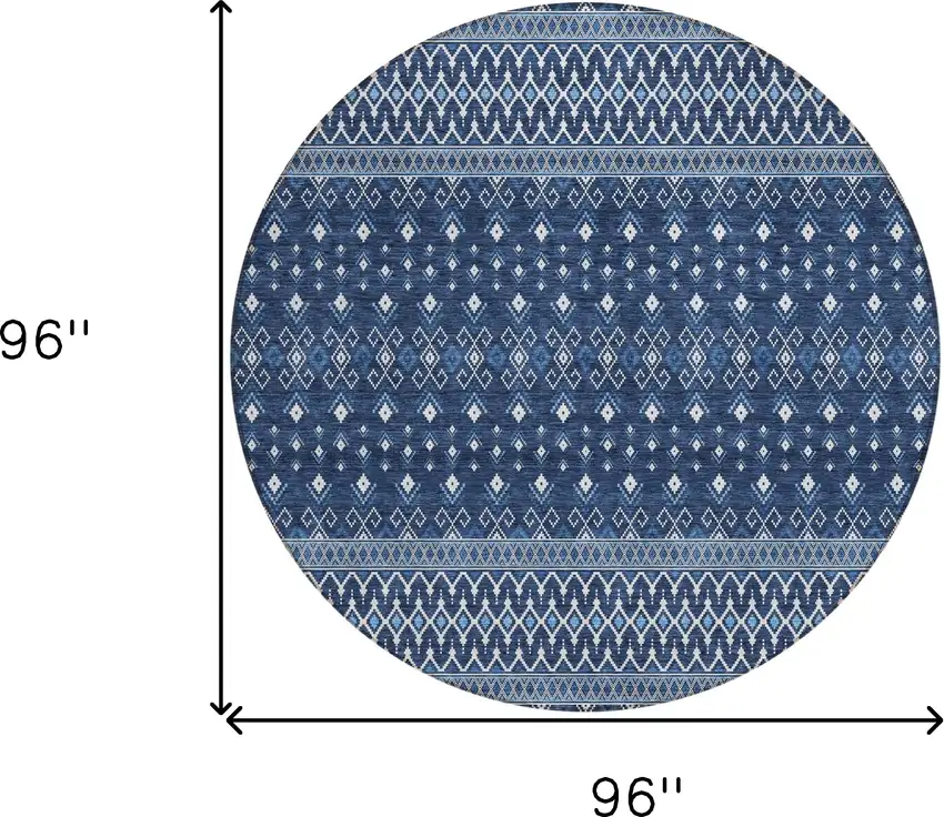8' Navy Blue And Denim Blue Round Tribal Washable Indoor Outdoor Area Rug Photo 8