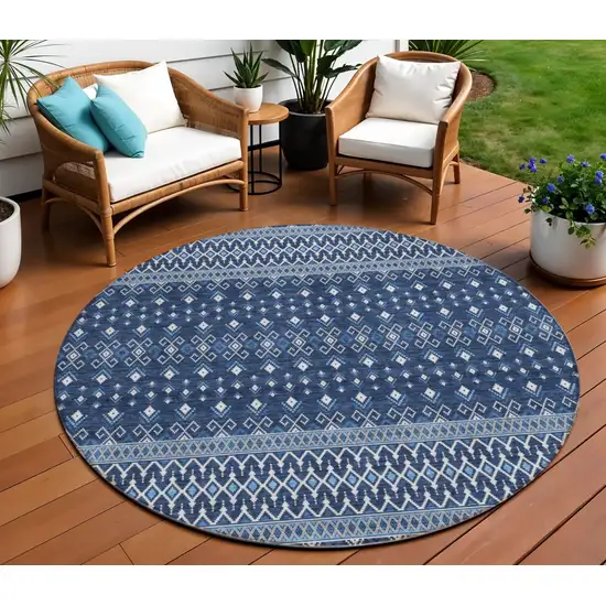 8' Navy Blue And Denim Blue Round Tribal Washable Indoor Outdoor Area Rug Photo 1