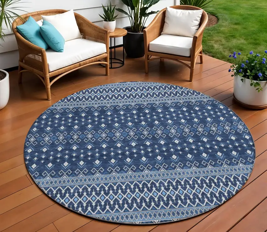 8' Navy Blue And Denim Blue Round Tribal Washable Indoor Outdoor Area Rug Photo 1