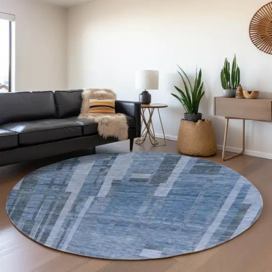 8' Navy Blue And Denim Blue Striped Washable Round Rug With UV Protection Photo 4